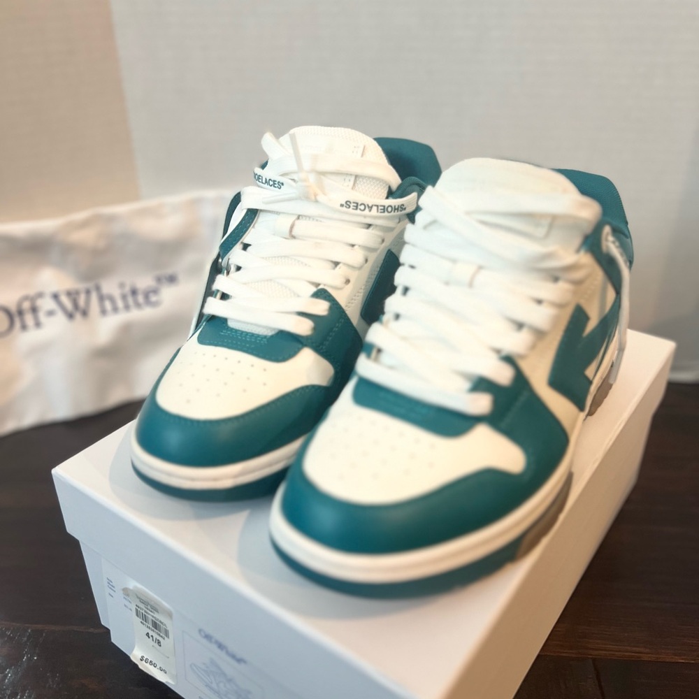 OFF-WHITE Out of Office Teal and White Low-Top Sneakers